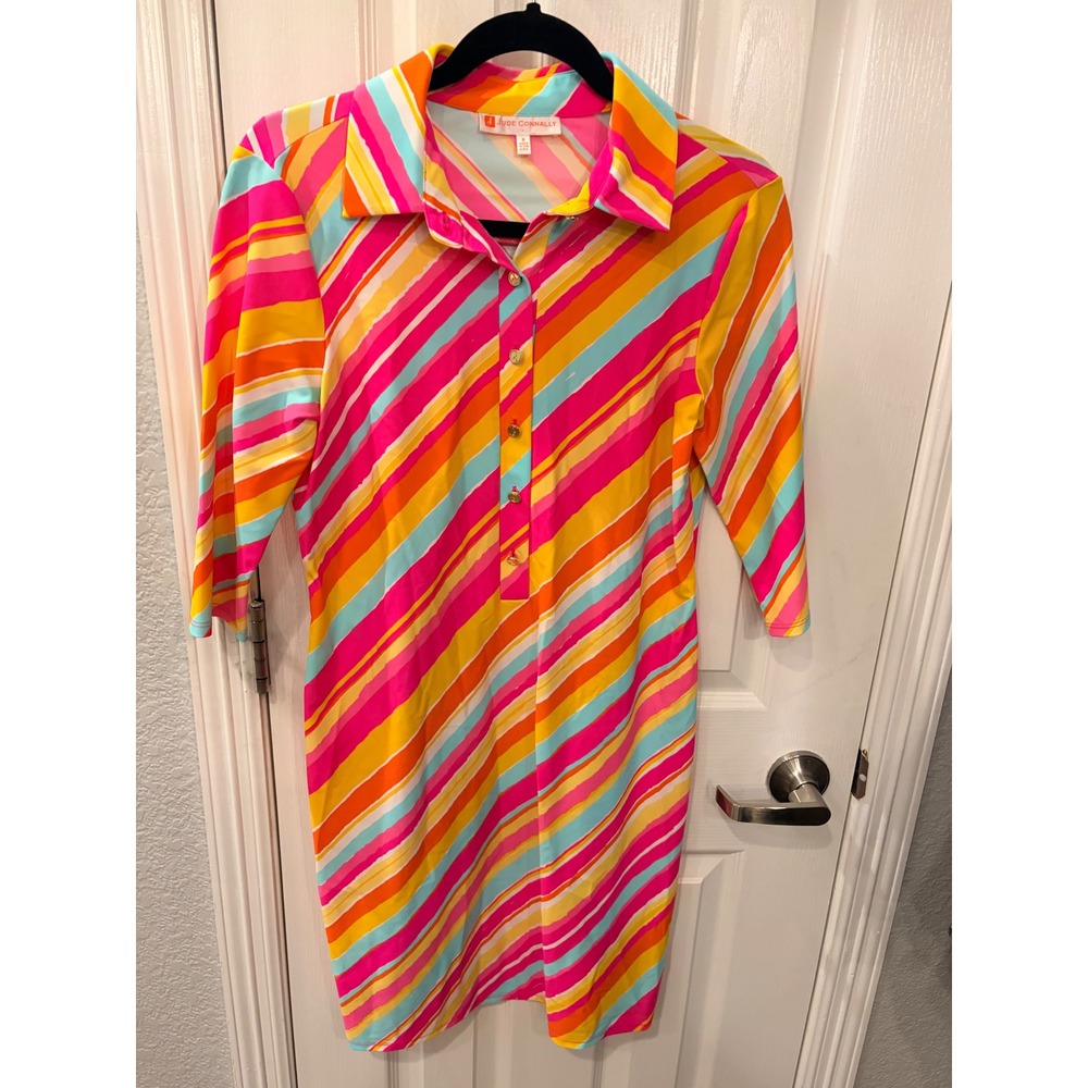 Jude Connally Shirt Dress Multicolor Striped 3/4 Sleeve Preppy Mod Shift